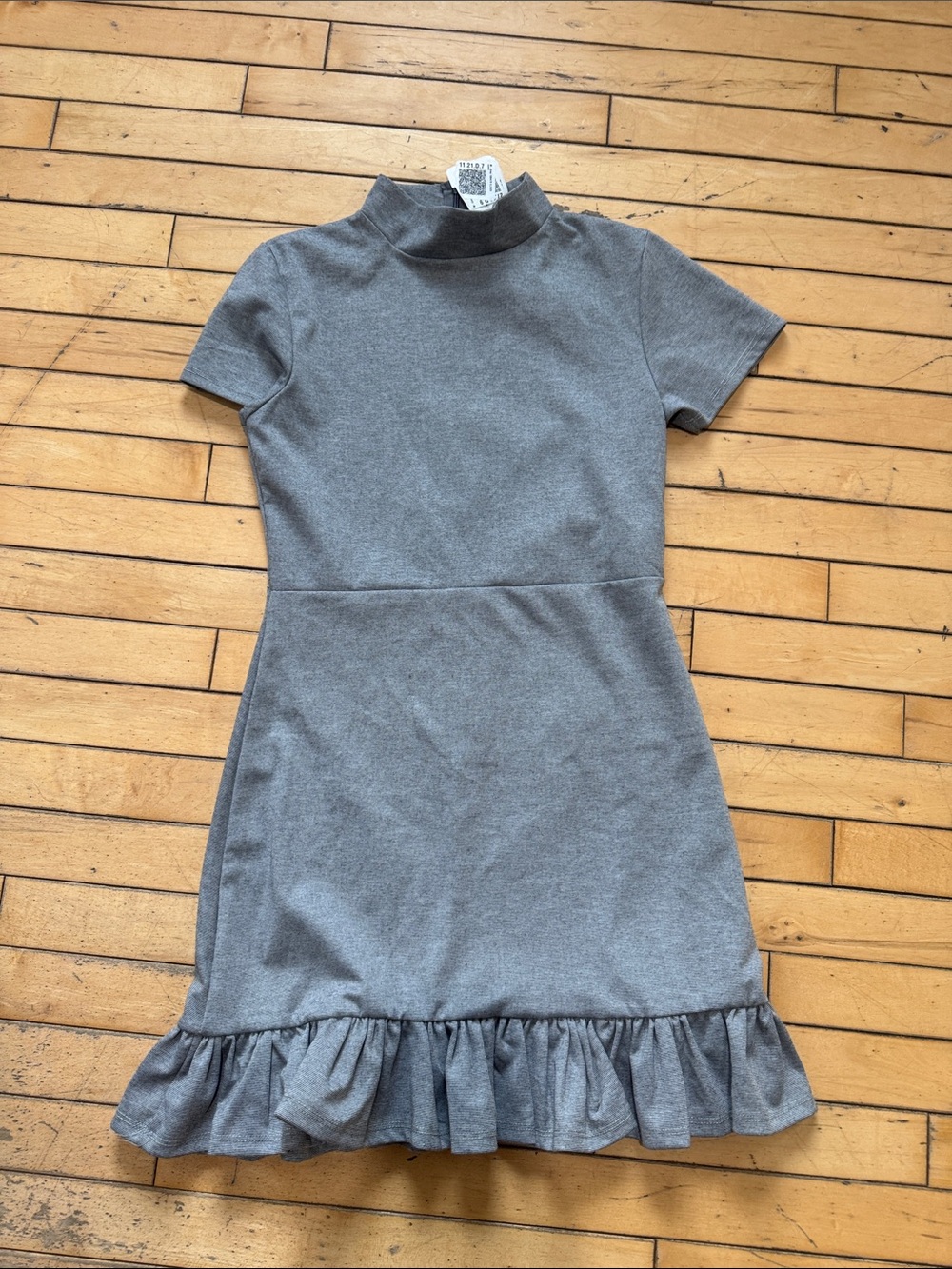 Gray Mock-Neck Ruffle-Hem Casual Dress